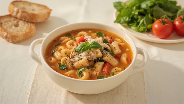 Creamy vegetable and pasta soup in a rustic style. Selective focus photography.