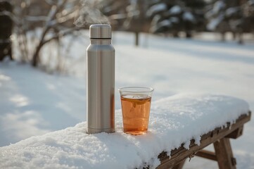 Insulated Flask and Plastic Mug Filled with Lemon Tea Resting on a Snow-Covered Surface