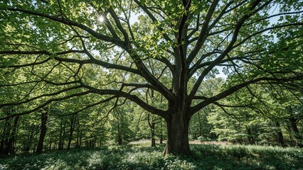 Fototapeta premium Green and vibrant maple leaves flourish on forest branches in the summer.