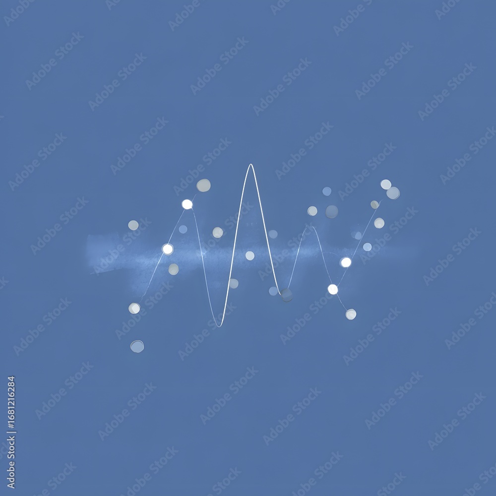 Poster Abstract Waveform with Floating Orbs on Textured Blue Background.