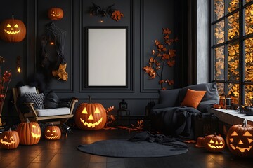 Obraz premium Spooky Halloween scene with glowing jack-o'-lanterns and cozy autumn decor, perfect for seasonal promotions