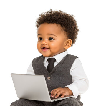 Happy baby boy in a suit works on a laptop, symbolizing future success and early potential.