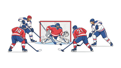 Obraz premium Hockey Players in Action: An illustrated image capturing the intensity of a hockey match, with players battling around the net.