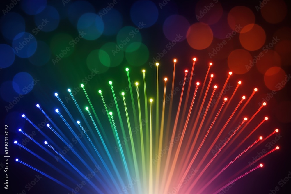 Poster prismatic fiber optic cables creating rainbow light patterns with bokeh effects in darkness