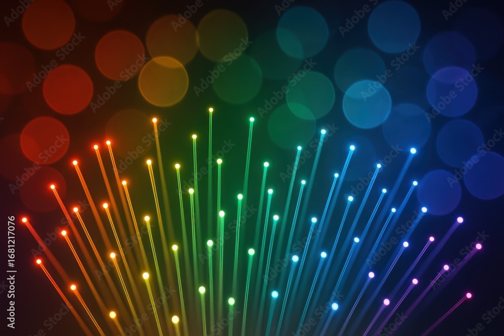 Poster prismatic fiber optic cables creating rainbow light patterns with bokeh effects in darkness