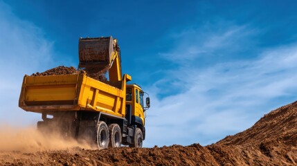 Obraz premium Yellow dump truck transporting sand against a blue sky, with dust rising and a construction site in the background