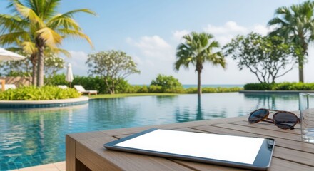 Fototapeta premium A tablet rests on a wooden table beside a pool, overlooking the ocean.