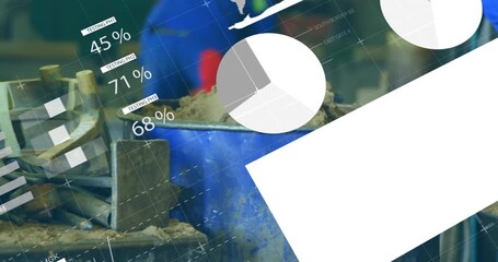Animation of data processing on graphs and charts over industrial construction site - Powered by Adobe