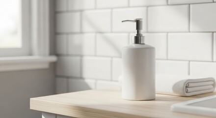 A white ceramic soap dispenser and folded towel sit on a wooden bathroom counter.