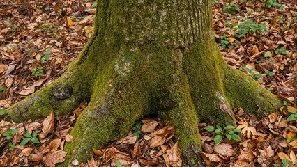 Wet tree base lying on the woodland floor