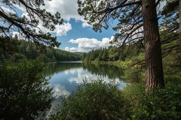 Obraz premium View of the reservoir's water through foliage with natural textures of wood and leaves under the sky