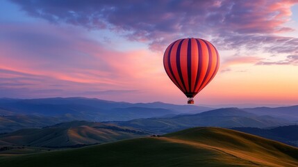 Obraz premium A breathtaking landscape featuring a hot air balloon soaring through the sky, perfect for inspiring travel dreams and adventure.