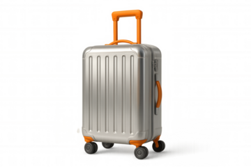 Modern silver trolley suitcase with orange handles, ready for travel, isolated on transparent background