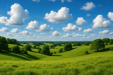 Obraz premium Pastoral countryside scene with rolling green meadows and fluffy white clouds in bright sky