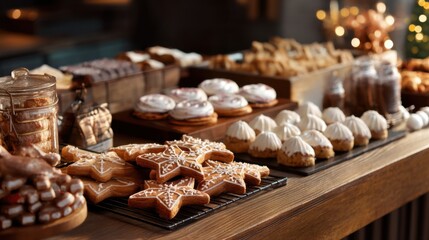 Assortment of star gingerbread cookies and other pastries displayed on a wooden counter for Christmas holiday celebration.