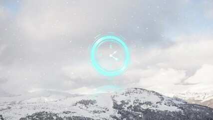 Animation of circular scanner with clock hands over snow covered mountain peaks - Powered by Adobe