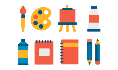 Set of colorful art and craft supplies icons in flat design style