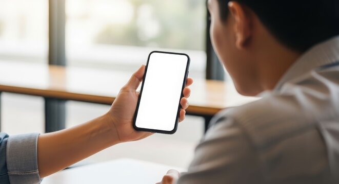 Person holding a smartphone with a blank screen, showing it to another individual.