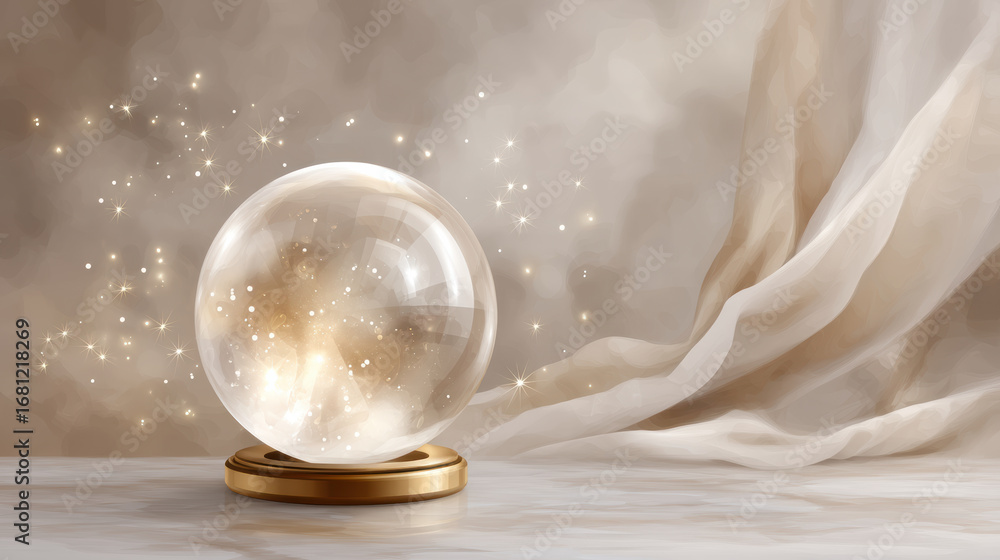 Poster magical halloween crystal ball glowing with sparkling light on golden base with soft fabric and mist