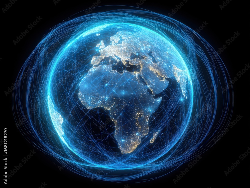 Poster digital earth globe with glowing network connections and city lights in orbit; global communication 