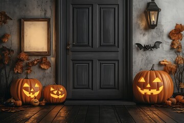 Spooky Halloween night welcomes trick-or-treaters with glowing jack-o'-lanterns and bats