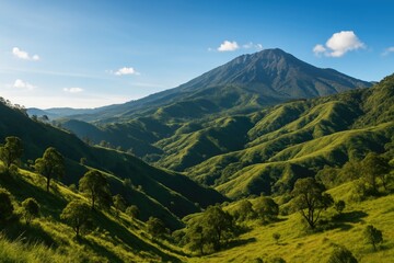 Obraz premium Sunny January afternoon over the rolling valleys of Mount Lawu in Central Java