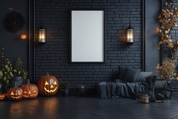 Obraz premium Spooky Halloween scene with glowing jack-o'-lanterns and cozy seating, perfect for festive decor
