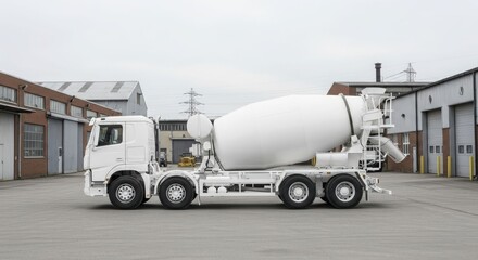 A white cement mixer truck is parked on a paved surface in front of industrial buildings under an overcast sky.