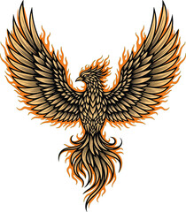 Obraz premium Phoenix: A powerful, detailed line art illustration of a phoenix bird rising from flames, symbolizing rebirth, power, and transformation.