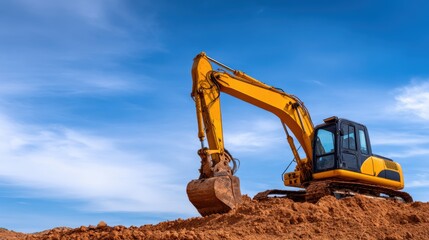 Excavator digging into a sandy terrain under a bright blue sky, showcasing construction activity