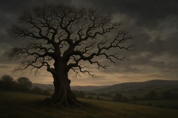 Majestic solitary oak tree standing in vast green countryside meadow under dramatic cloudy sky at twilight