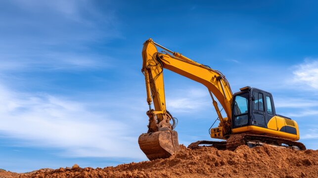 Excavator digging into a sandy terrain under a bright blue sky, showcasing construction activity