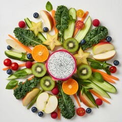 Flat Lay of Sliced Fruits and Vegetables in Circular Composition

