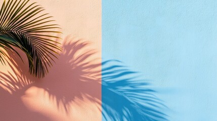 Palm leaf and its shadow on a split pastel pink and blue background. Tropical summer vacation wall for text or product display.