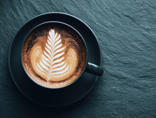 Latte art in black cup on slate surface top view coffee beverage drink cafe shop morning routine caffeine