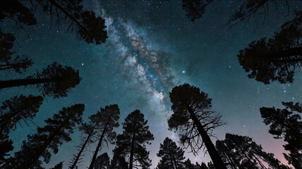 Fototapeta premium Starry night sky framed by pine forest with Milky Way view