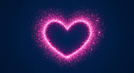 Sparkling pink heart formed by luminous glitter particles against a dark blue background, perfect for celebrations