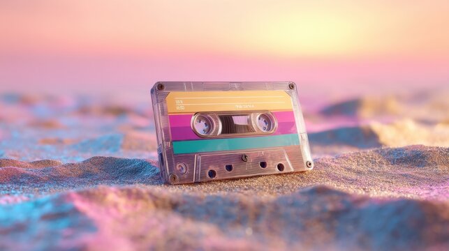 Retro audio cassette lying on colorful sand under a soft, warm sky. Vintage music player for nostalgia and analogue sound concept.