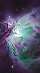 Obraz premium Cosmic nebula image, showcasing swirling purple and green gas clouds, interspersed with stars, representing the vastness and beauty of space, ideal for astronomy or fantasy themes