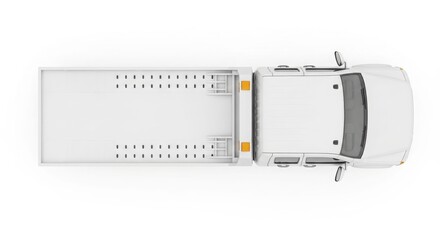 Top-down view of a white flatbed tow truck, showcasing its flatbed and cabin against a clean white background.