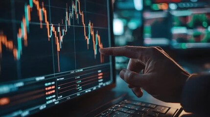 Man pointing on financial graph. Business growth chart with rising trend line. Digital stock market data visualization for investment analysis.