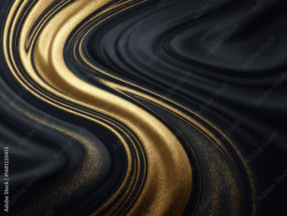 Poster abstract close-up of black and gold fluid art with swirling patterns and glittery texture in a moder