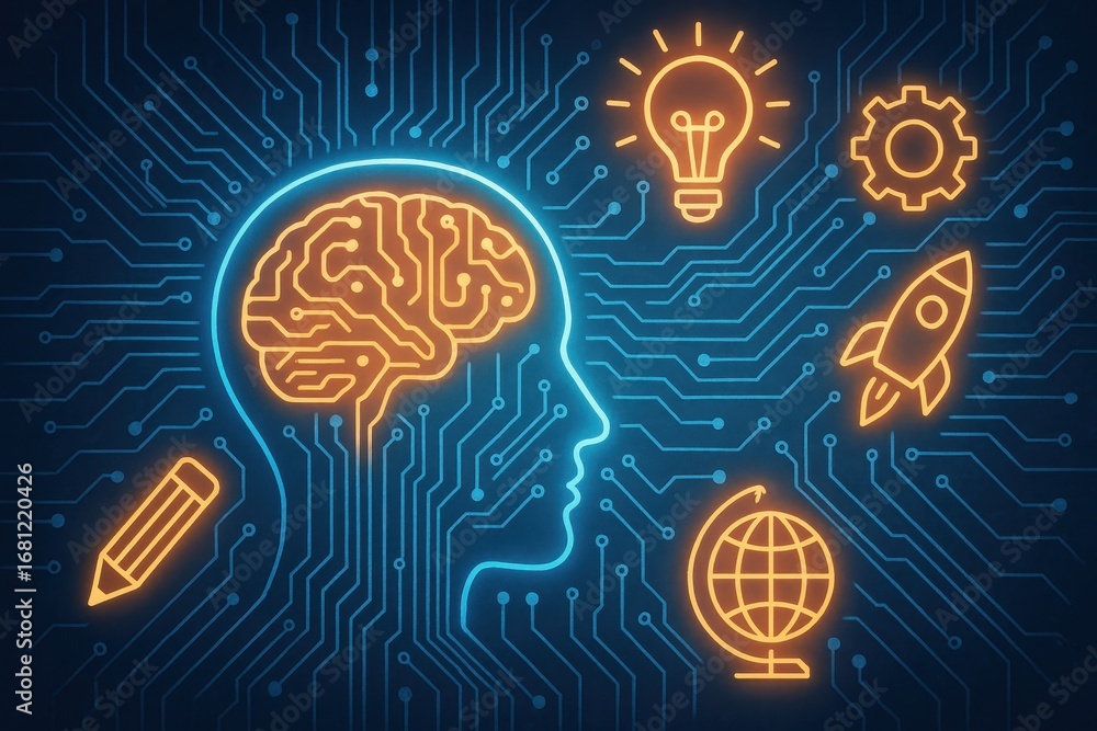 Aufkleber innovative lightbulb with glowing brain filament surrounded by floating digital icons representing c