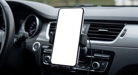 A smartphone with a blank white screen is mounted on a car dashboard, displaying potential for navigation or app usage.