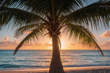 Fototapeta premium Tropical beach palm tree outline during sunset hours