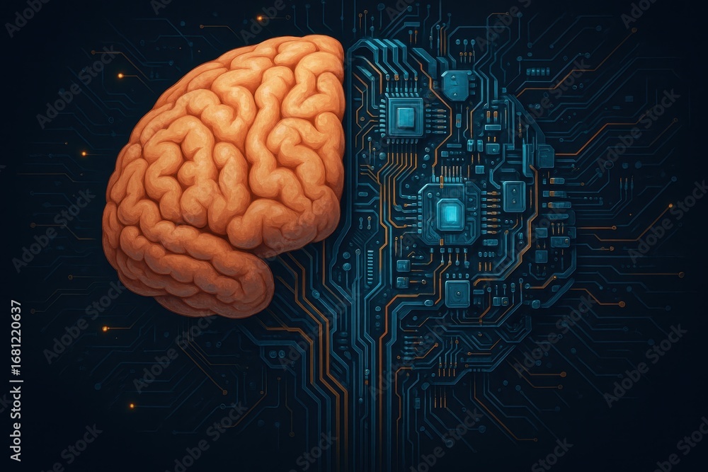 Poster hyper-realistic artificial intelligence visualization with human head containing intricate circuit b