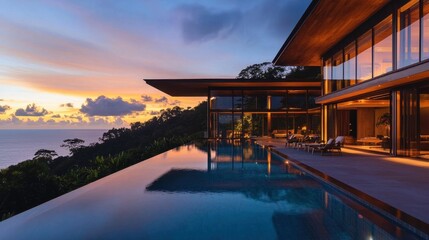 Fototapeta premium Modern luxury villa with infinity pool and panoramic ocean view at sunset. Concept of exotic vacation resort and high end real estate.