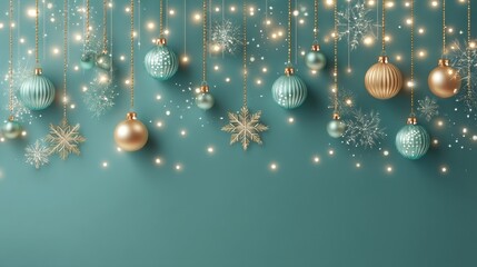 Fototapeta premium Christmas and new year ornaments with elegant gold and mint color balls for festive holiday celebration background or greeting card design.