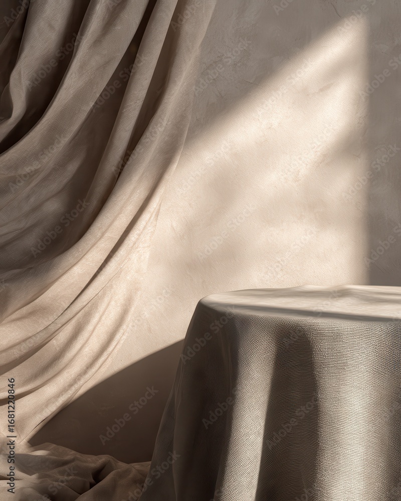 Poster beige fabric backdrop with draped curtain and round table in studio lighting for product display or 