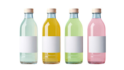 Four glass bottles,  various colors,  blank labels